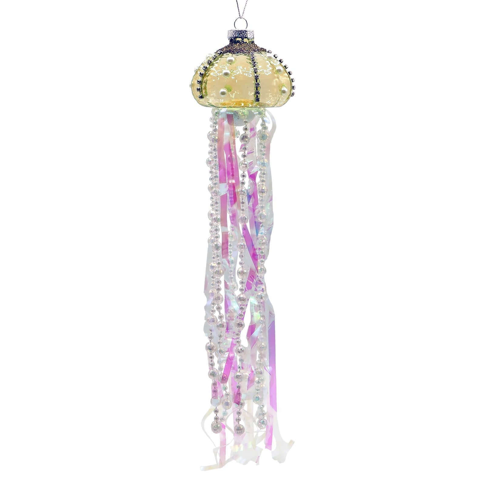 A yellow glass jellyfish ornament with long tentacles and iridescent pink ribbons perfect for lighted decor