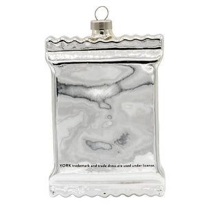 Silver glass york peppermint pattie ornament shaped like candy wrapper with marbled texture official licensed ornament