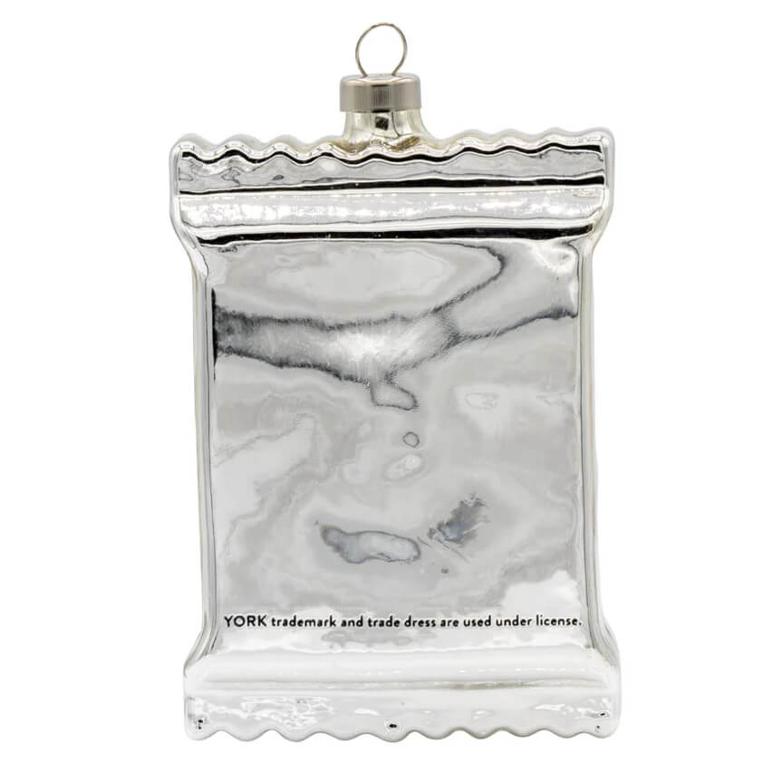 Silver glass york peppermint pattie ornament shaped like candy wrapper with marbled texture official licensed ornament