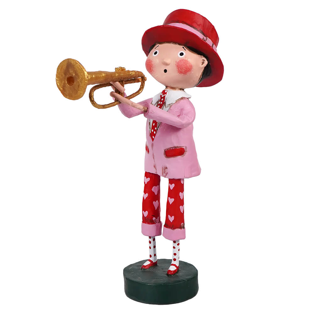 Decorative figurine of a musician in pink and red clothing playing a trumpet.