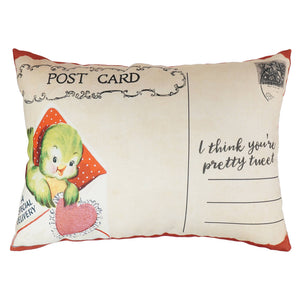 Cream-colored valentines day pillow with vintage design featuring a green bird and pretty tweet vintage text