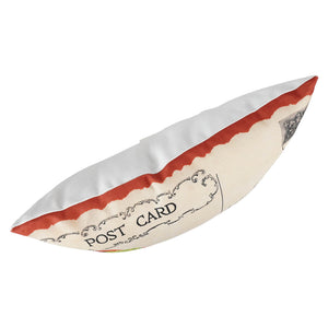 Cream-colored valentines day pillow shaped like a postcard with red trim and black ornate lettering pretty tweet vintage style