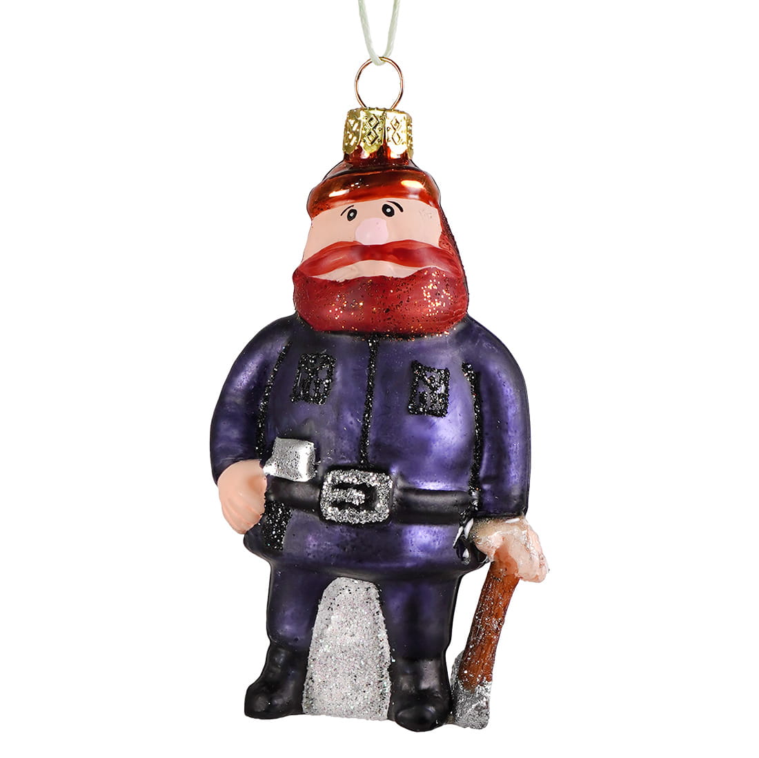 Purple glass christmas ornament of yukon cornelius retro rudolph character with red glitter beard by cody foster