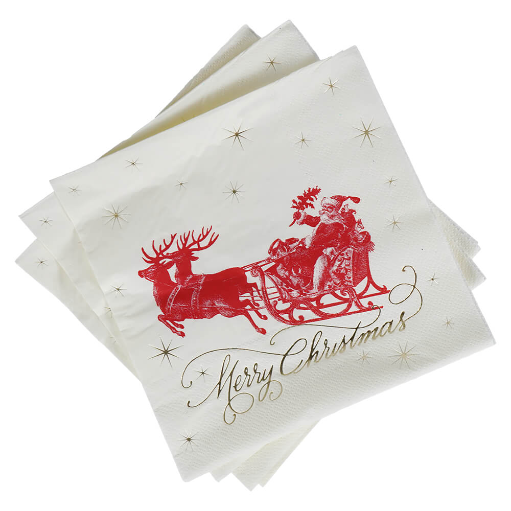 White yuletide paper napkins set of 20 with red santa sleigh reindeer and merry christmas by patty rybolt design