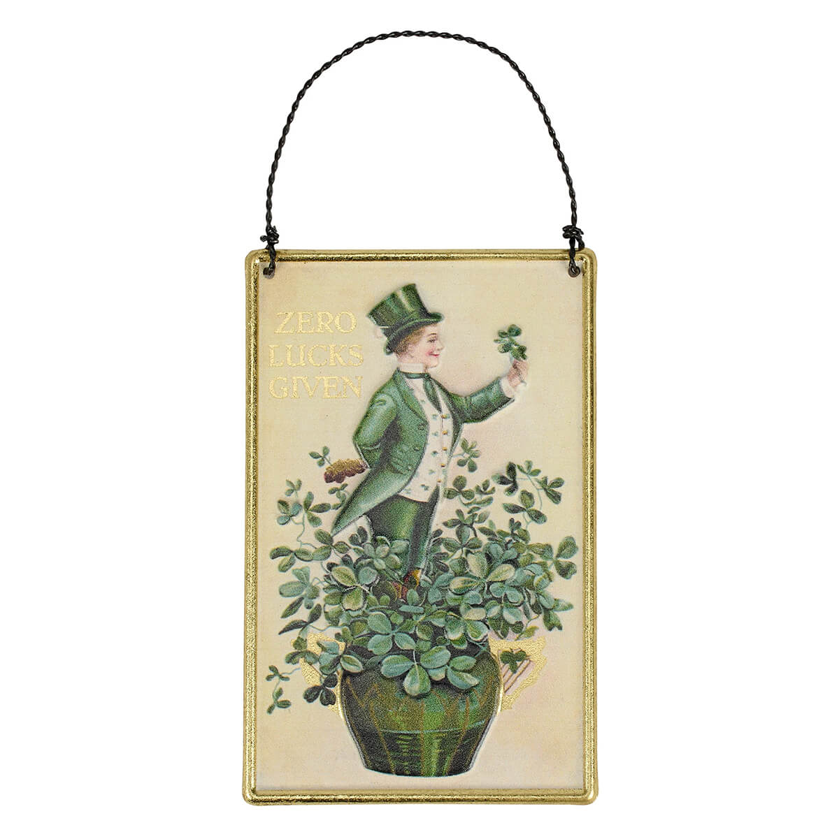 Green clover leprechaun ornament with gold trim and black cord spreading holiday cheer from a family-owned store