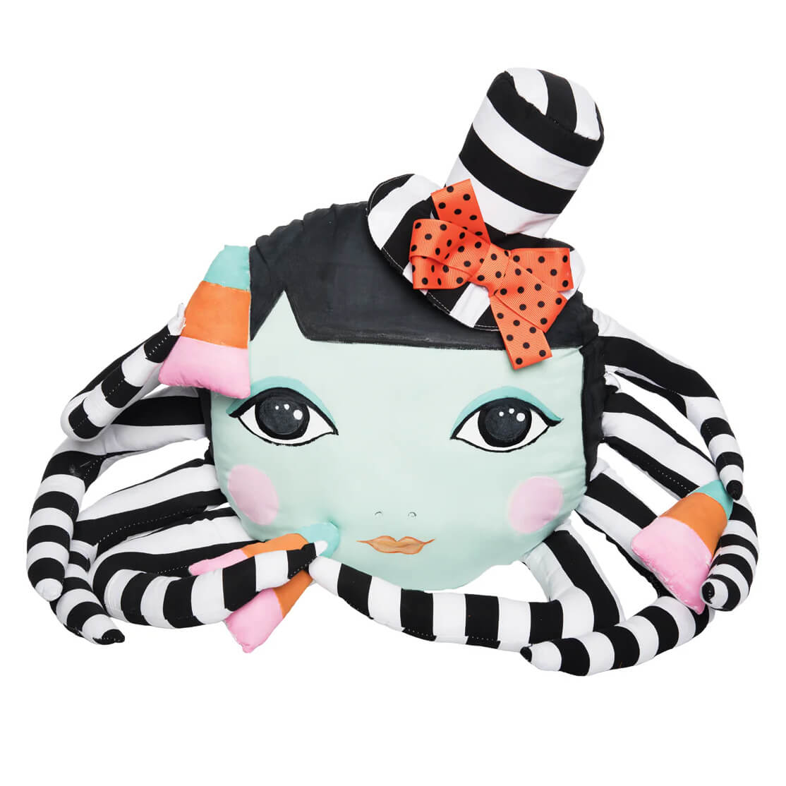 A plush zhi zhu zombinaland decorative pillow with a mint green octopus face and striped tentacles by tracy scheff