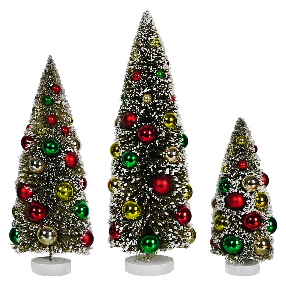 Yellow, Green & Red Frosted Bottle Brush Trees Set/3