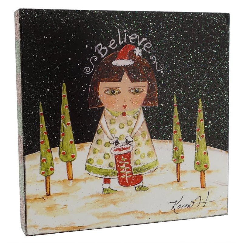 Believe Girl with Stocking Plaque