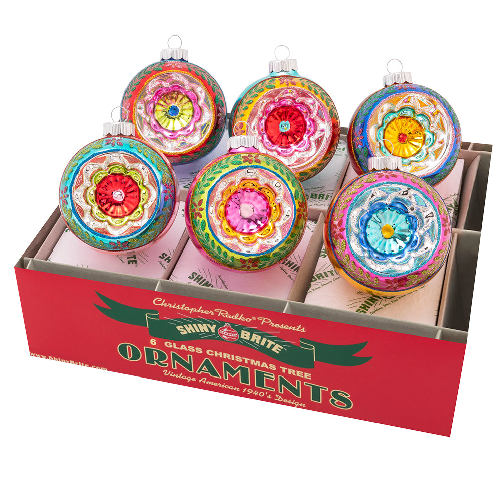 Christmas Confetti Decorated Reflector Round Ornaments Set/6