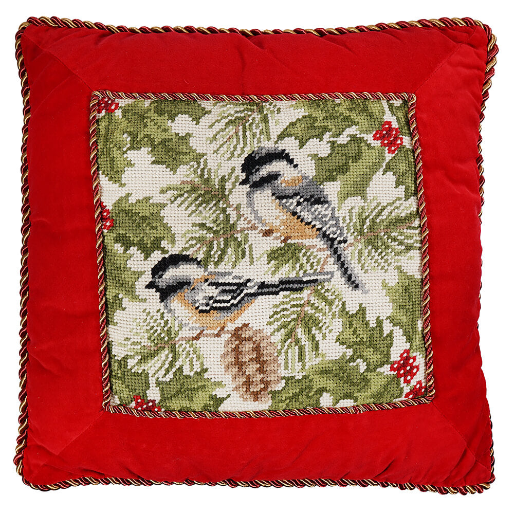 Chickadees With Red Border Pillow