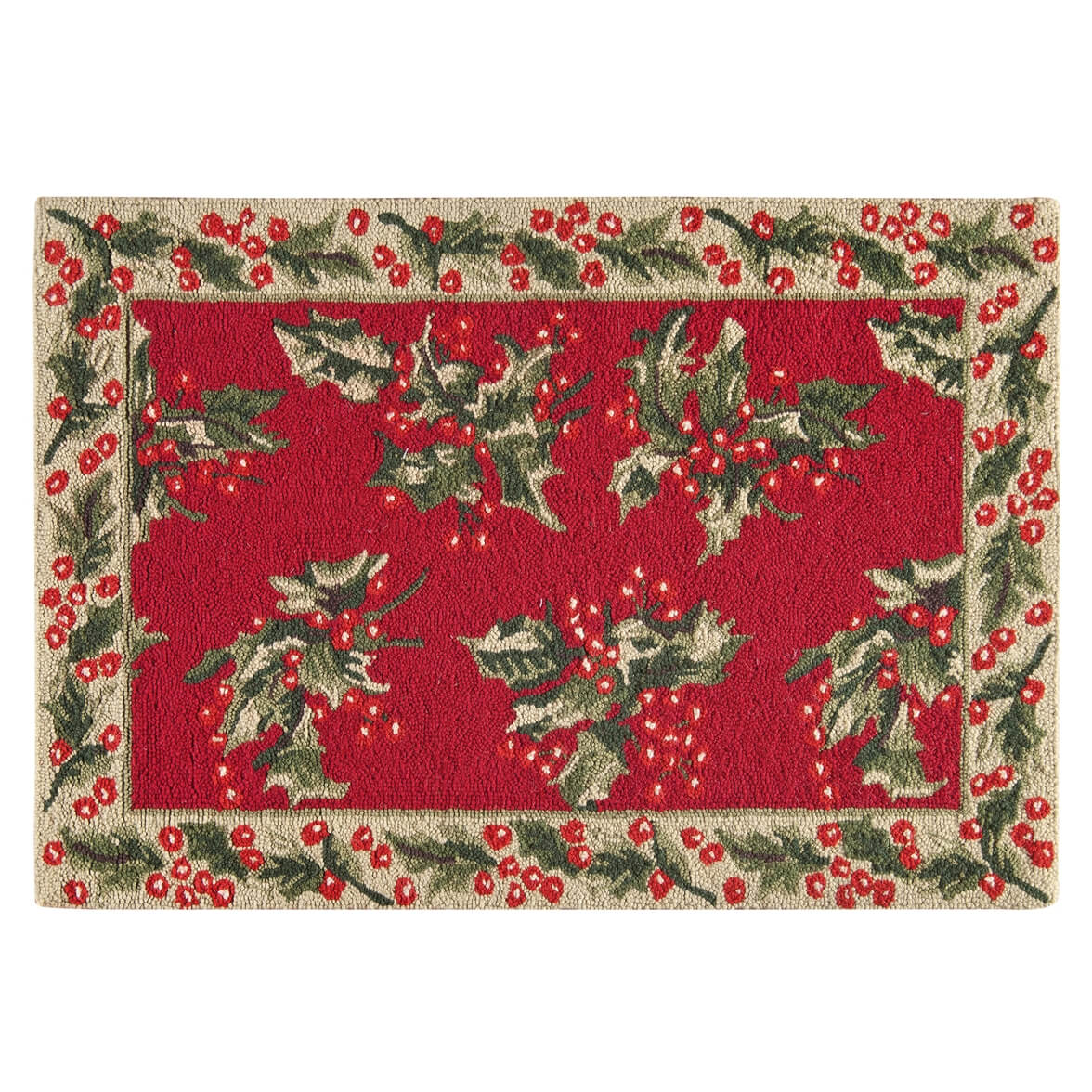 Handcrafted Hooked Holly Red Rug