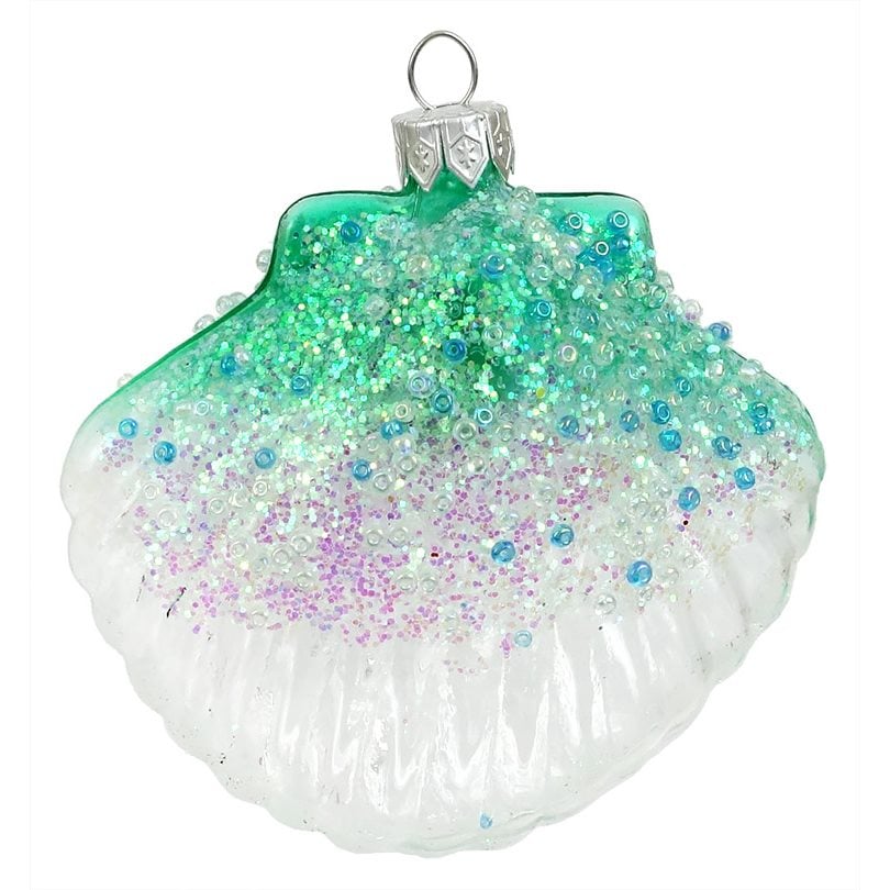 Glittered Turquoise & White Clam Ornament