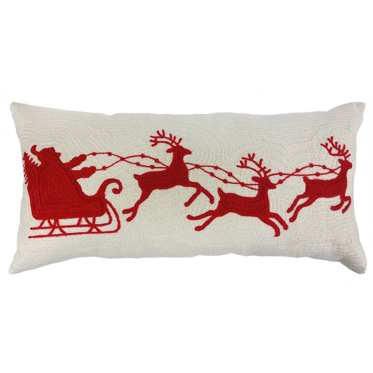 Santa in Sleigh with Reindeer-Red Stitching Pillow