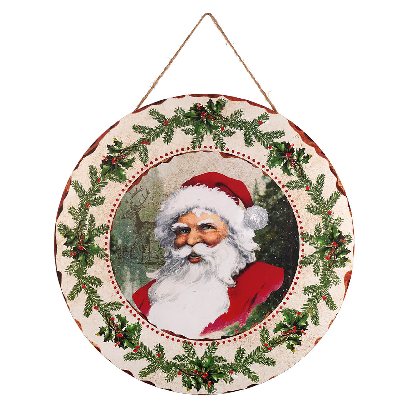 White Vintage Santa With Hollies Sign