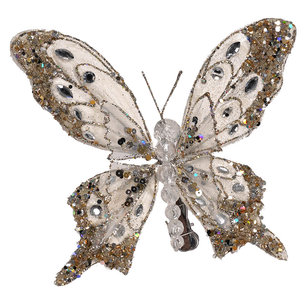 Platinum & Gold Glittered & Jeweled Butterfly Clip Ornament
