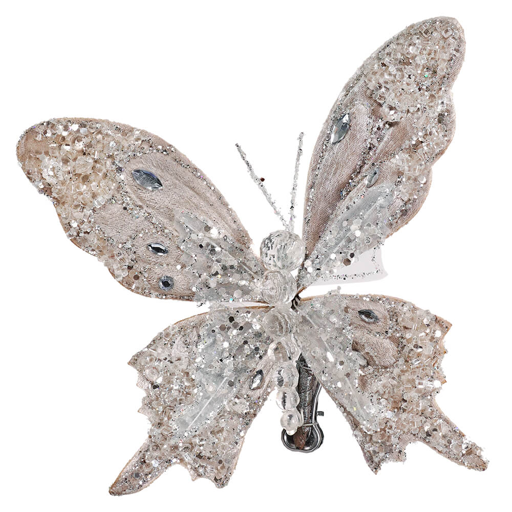 Icy Platinum Glittered & Jeweled Butterfly Clip Ornament