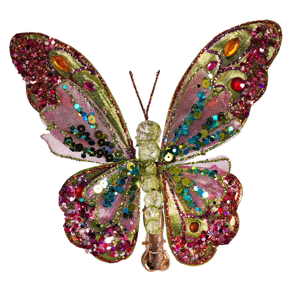 Green Multicolored Jeweled & Glittered Butterfly Clip Ornament