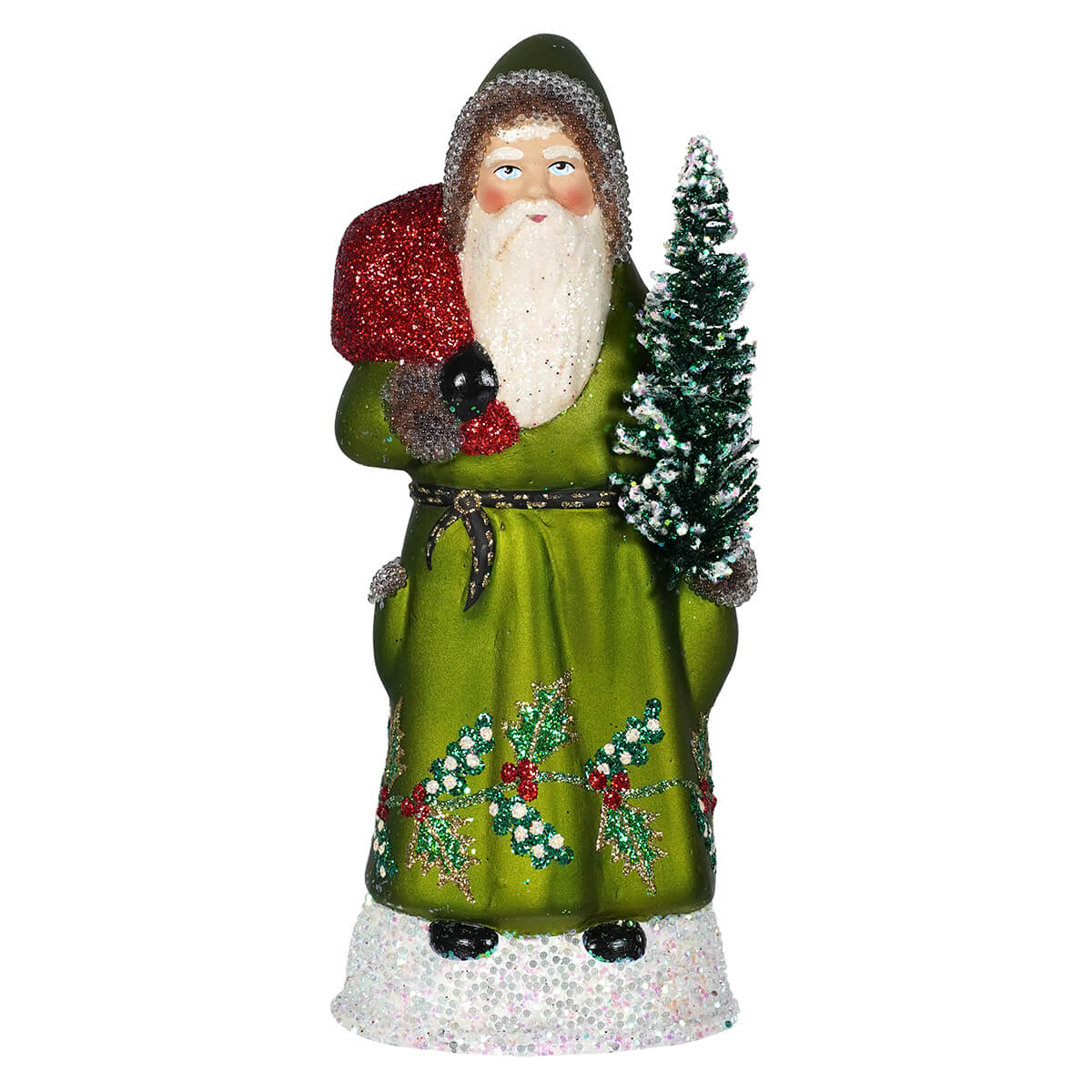 Glittered & Beaded Green Coat Santa Claus With Hollies Holding Tree
