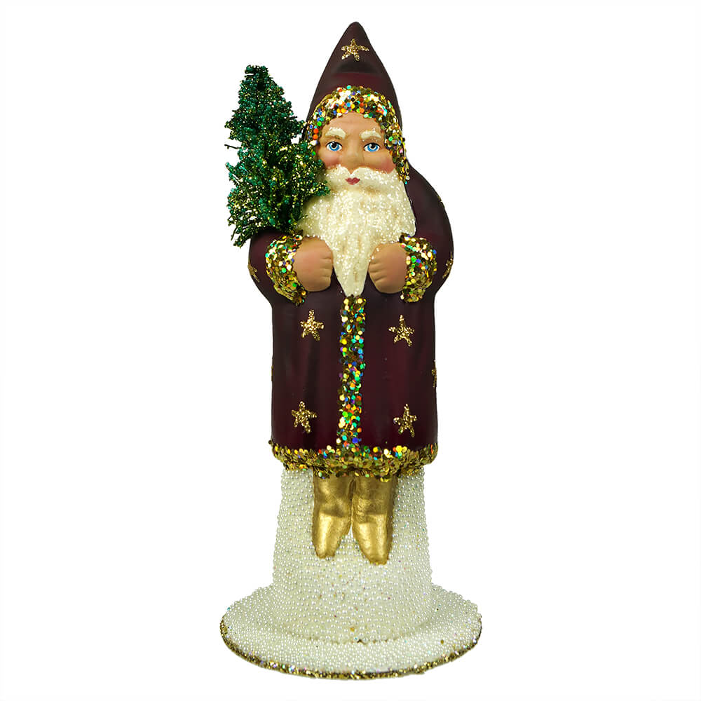 Burgundy Santa Decorated with Gold Stars Holding Tree