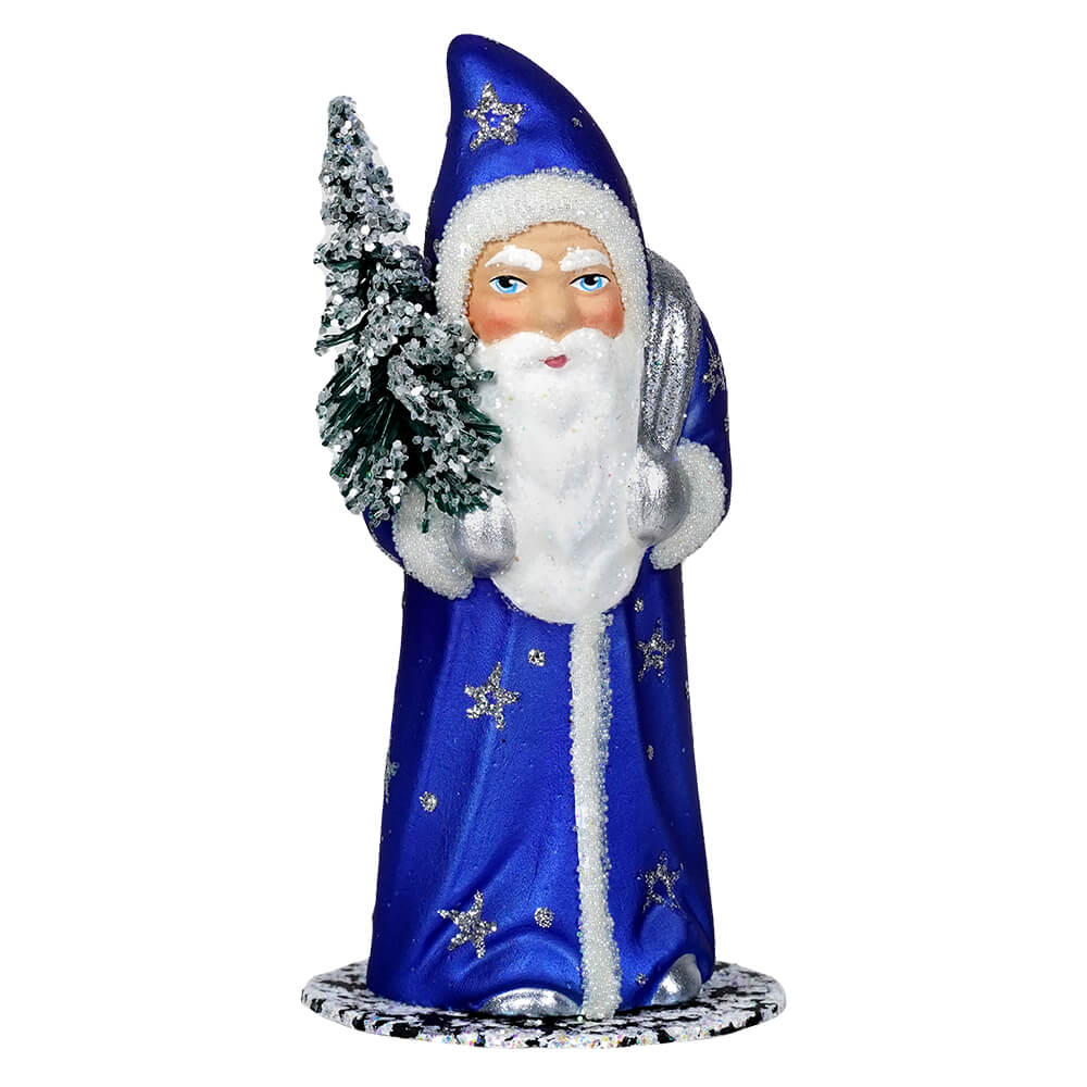 Glittered & Beaded Blue Coat Santa Claus With Stars Holding Tree