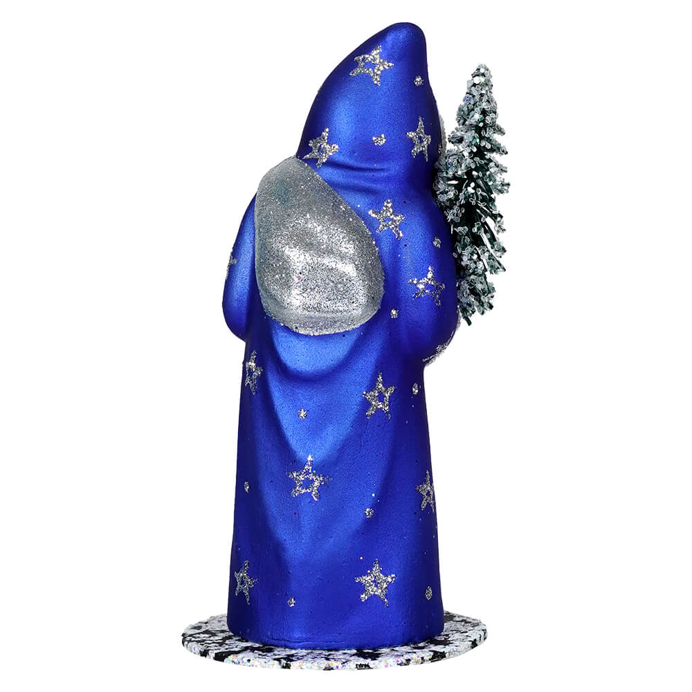Glittered & Beaded Blue Coat Santa Claus With Stars Holding Tree