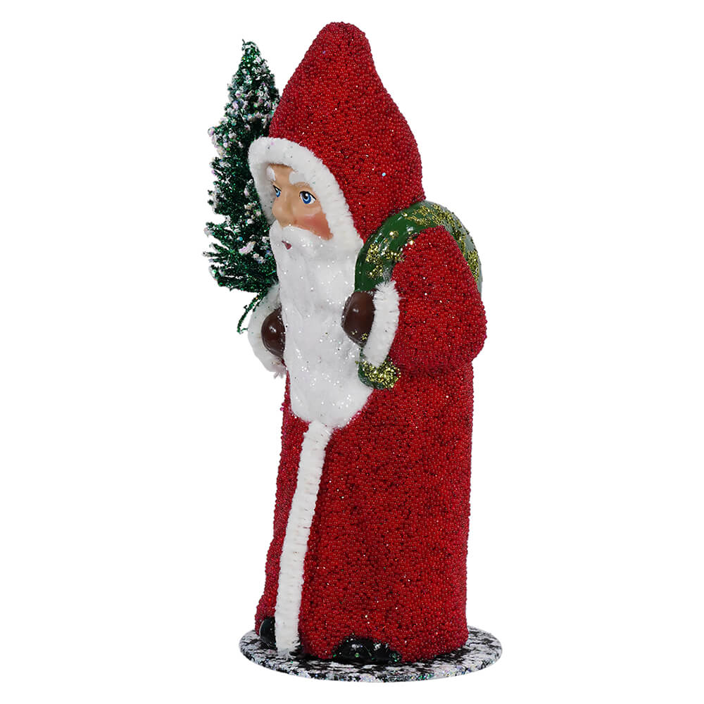 Ino Schaller Red Coat Beaded Santa Holding Tree