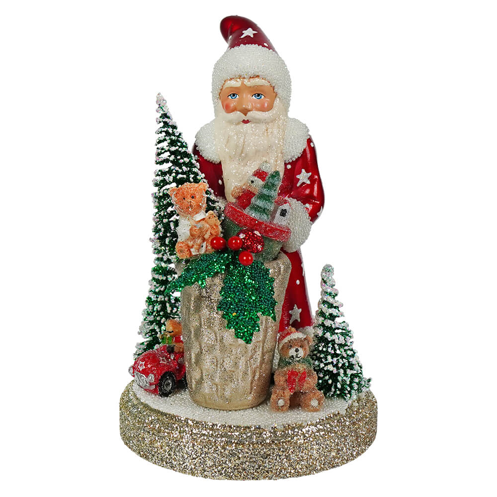 Shiny Red Santa With Basket Of Toys & Trees