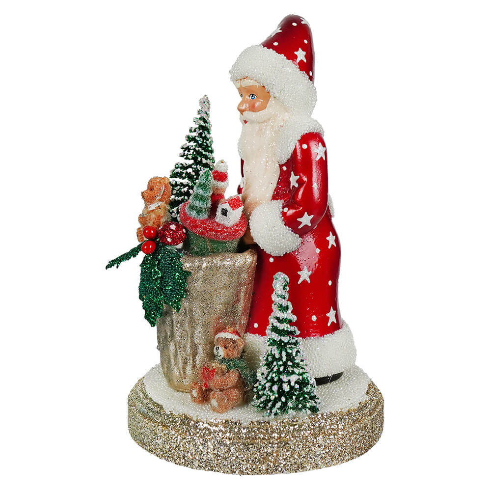 Shiny Red Santa With Basket Of Toys & Trees
