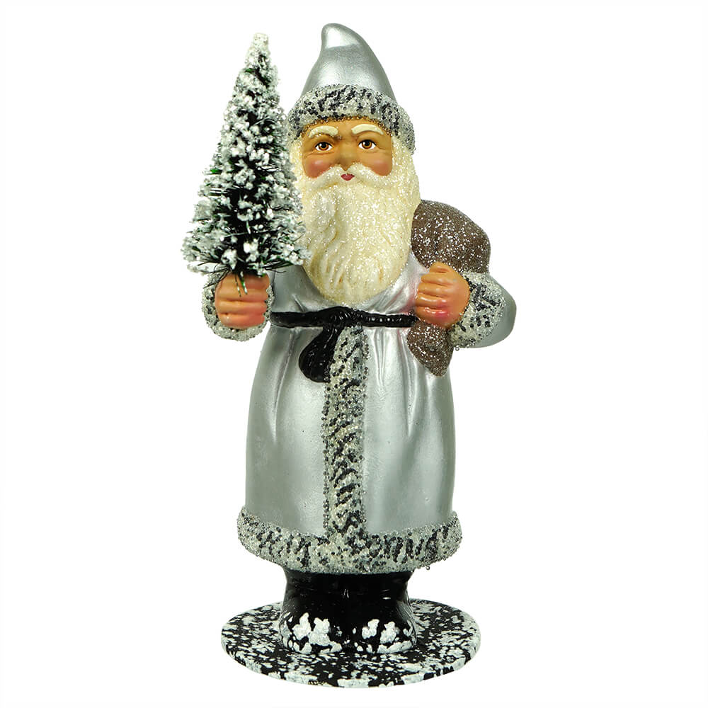 Silver Coat Santa with Tree