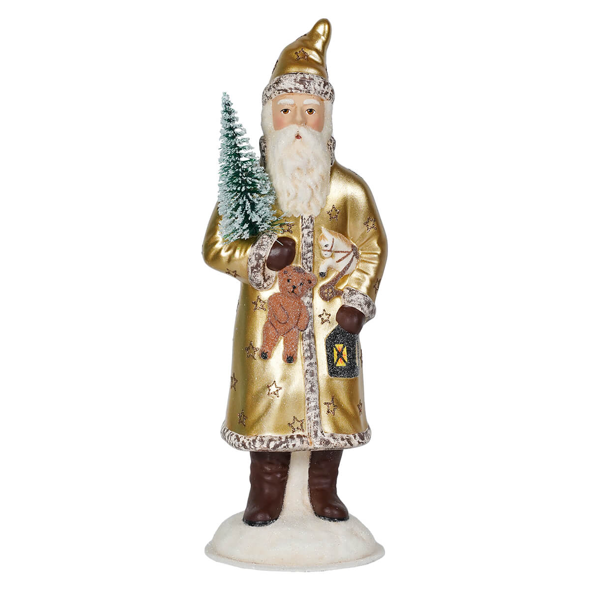 Glittered Gold Coat Santa Claus With Stars Holding Toys, Lantern & Tree
