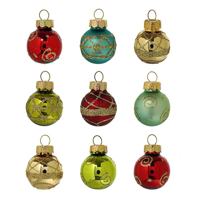 Petite Treasure Multi-Colored Decorated Glass Ball Ornaments Set/9