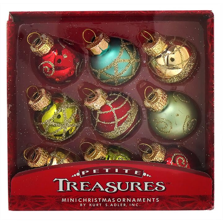 Petite Treasure Multi-Colored Decorated Glass Ball Ornaments Set/9