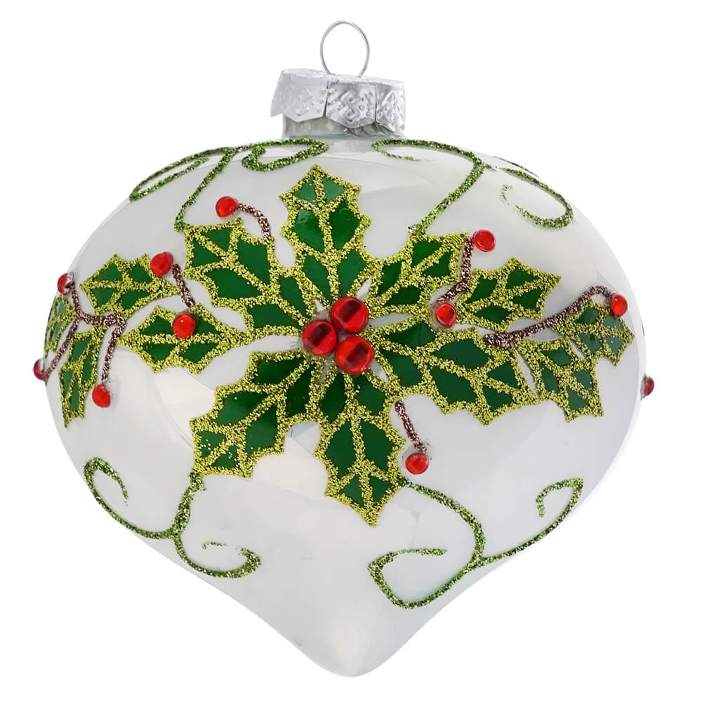 White With Holly Leaves and Red Jewels Design Glass Finial Ornament