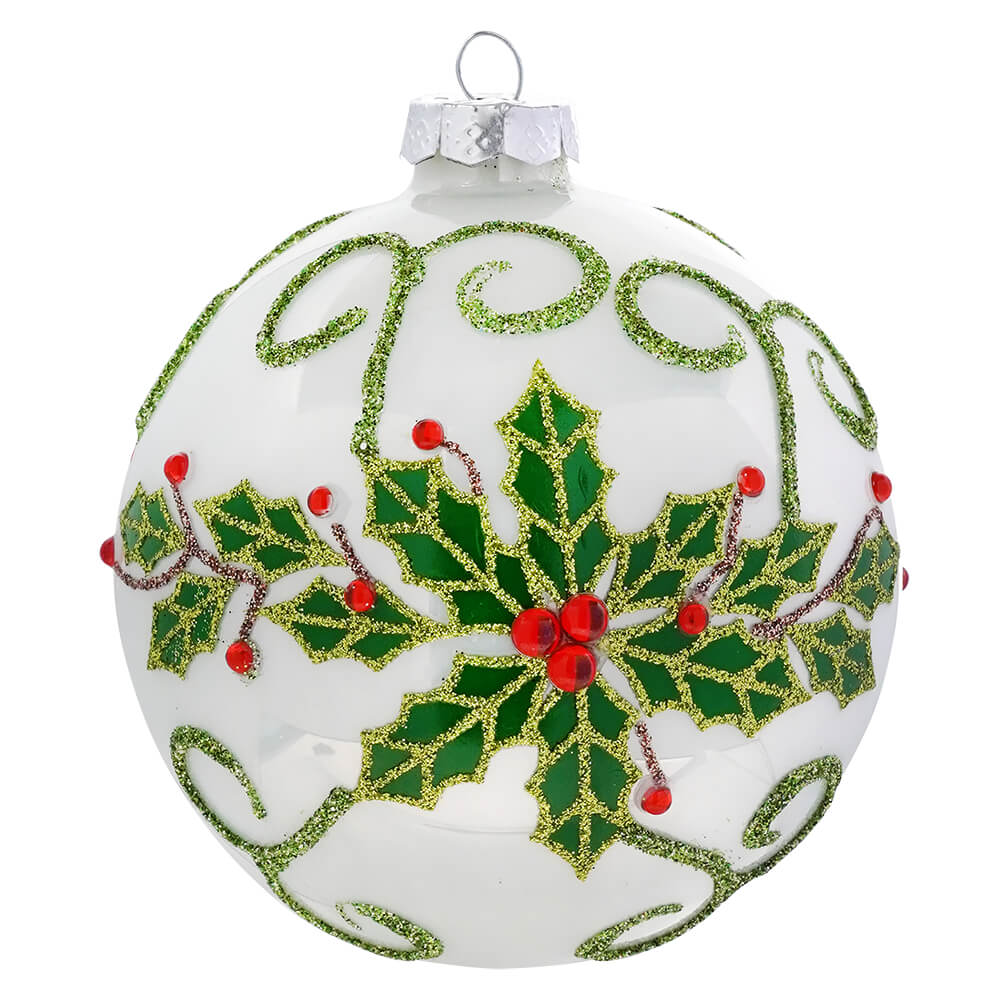 White With Holly Leaves & Red Jewels Design Glass Ornament