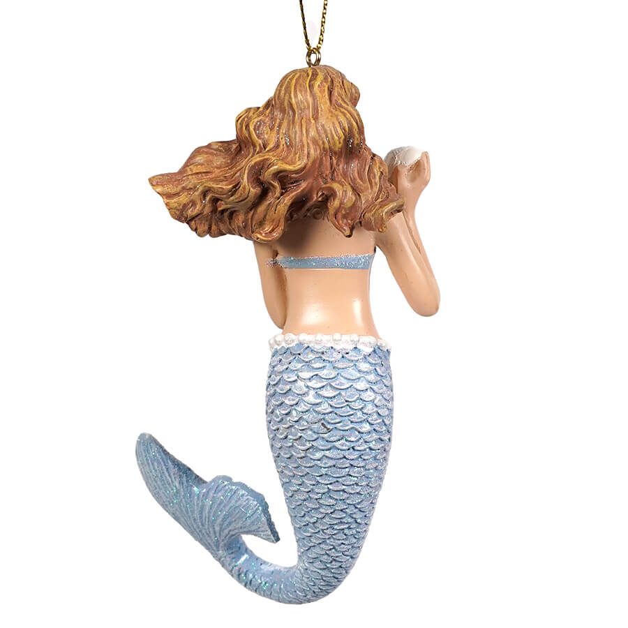 Blue Brunette Mermaid Holding Shell Ornament