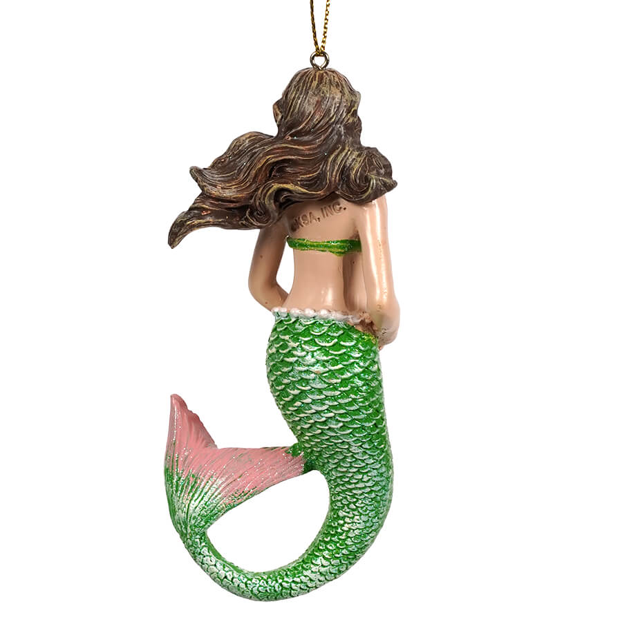 Green Brunette Mermaid Holding Starfish Ornament