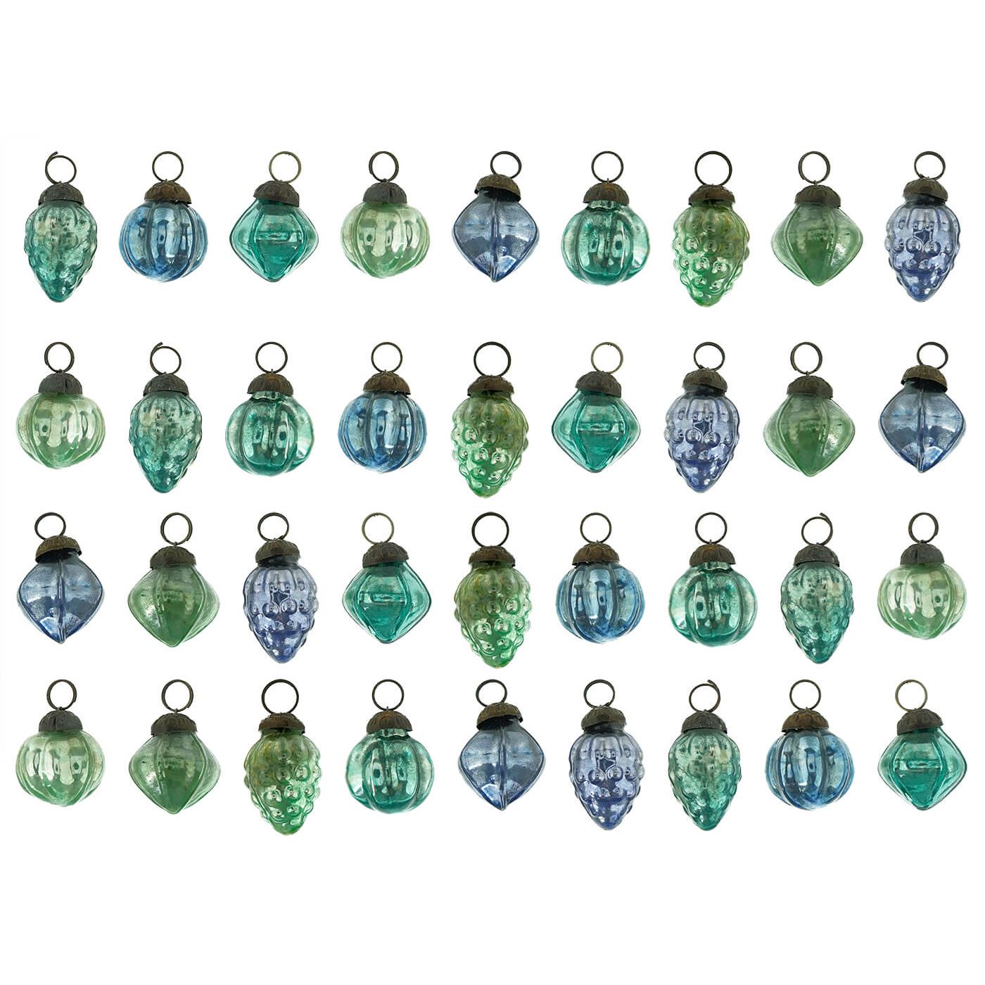 Blue Mercury Glass Shaped Ornaments Set/36