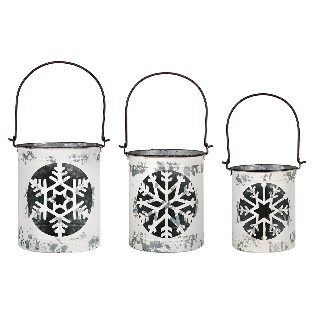 Distressed White Metal Lanterns With Snowflake Cutout Set/3