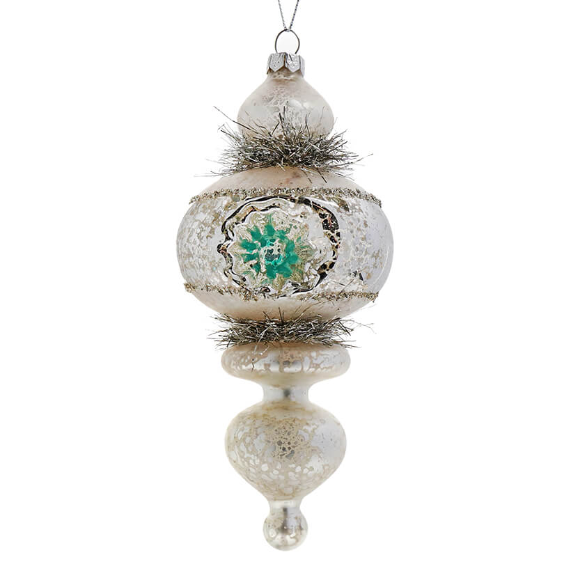 Silver Tinsel With Blue Indent Glass Ornament