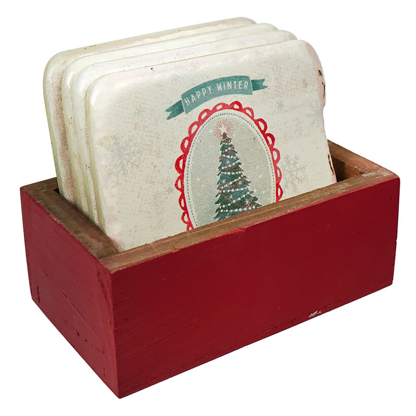 White Christmas Coasters With Wood Box Set/5