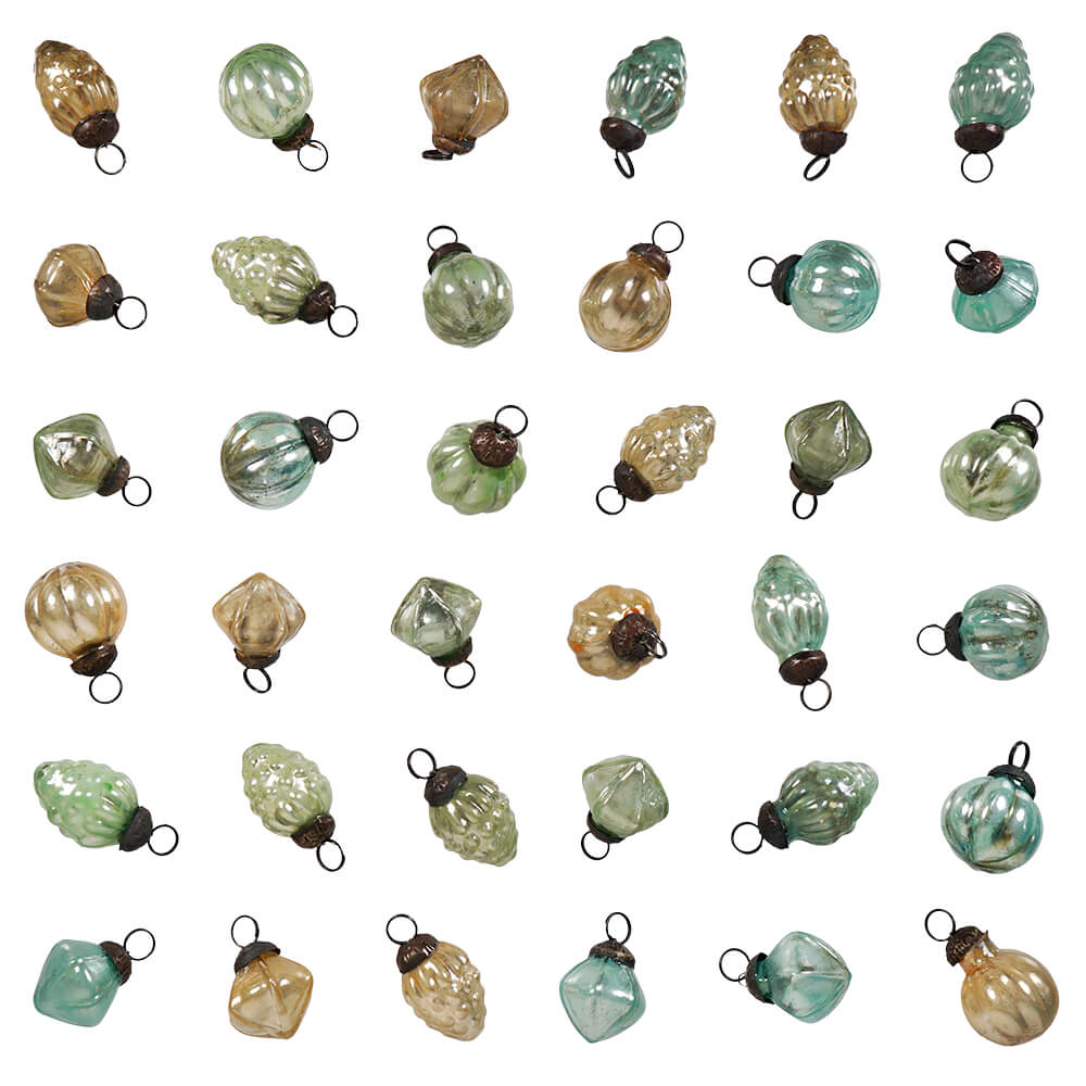 Green, Blue & Gold Embossed Mercury Glass Ornaments in Muslin Bag Set/36