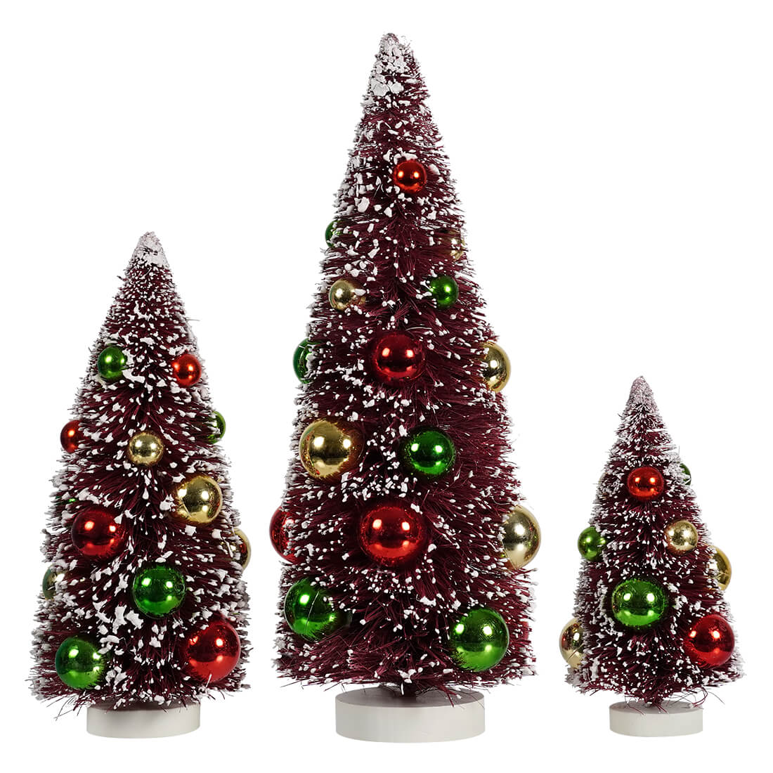 Frosted Burgundy Bottle Brush Trees with Ornaments Set/3