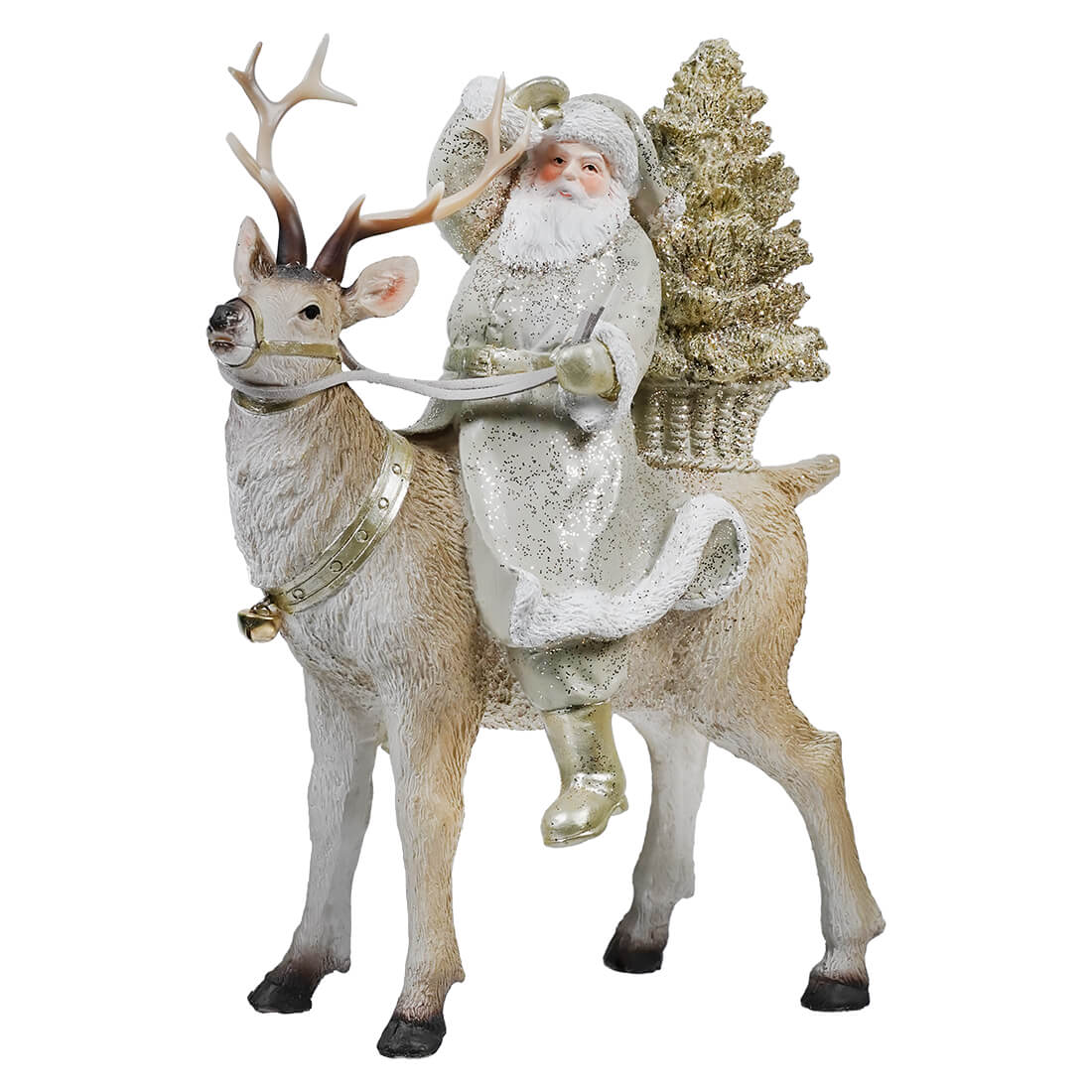 Glittered Santa Riding Reindeer With Gold Tree