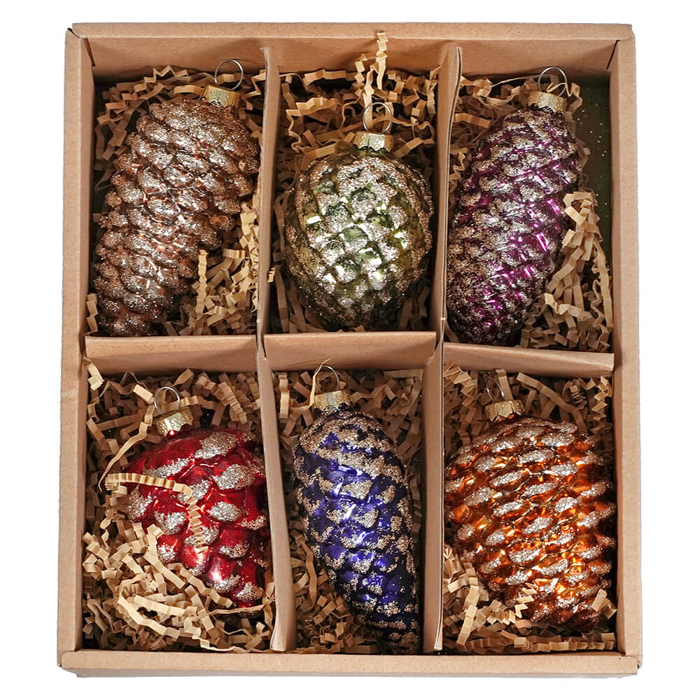 Boxed Glass Pine Cone Ornaments Set/6
