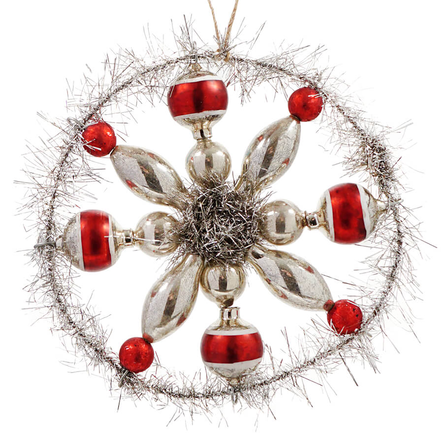 Red Hand-Painted Mercury Glass Ornament With Tinsel