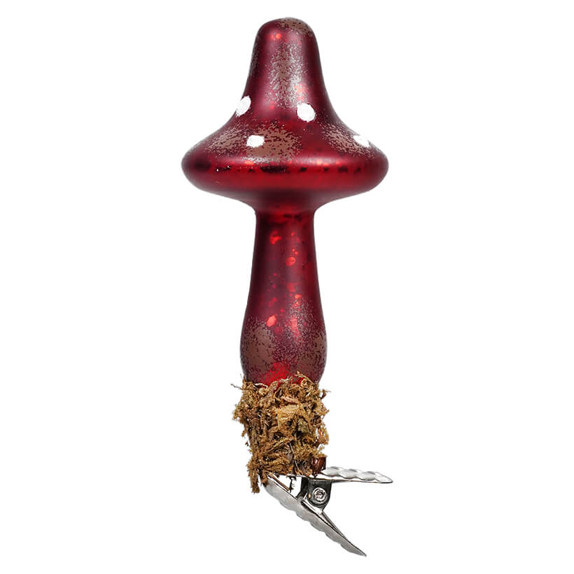Red Hand-Painted Mushroom Clip-On Ornament with Faux Moss