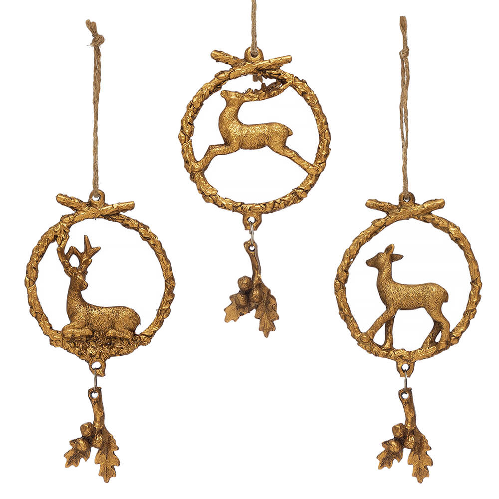Gold Deer & Holly Wreath Ornaments Set/3