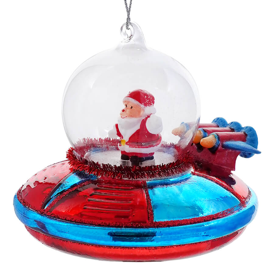 Hand-Painted Glass Spaceship Ornament with Santa