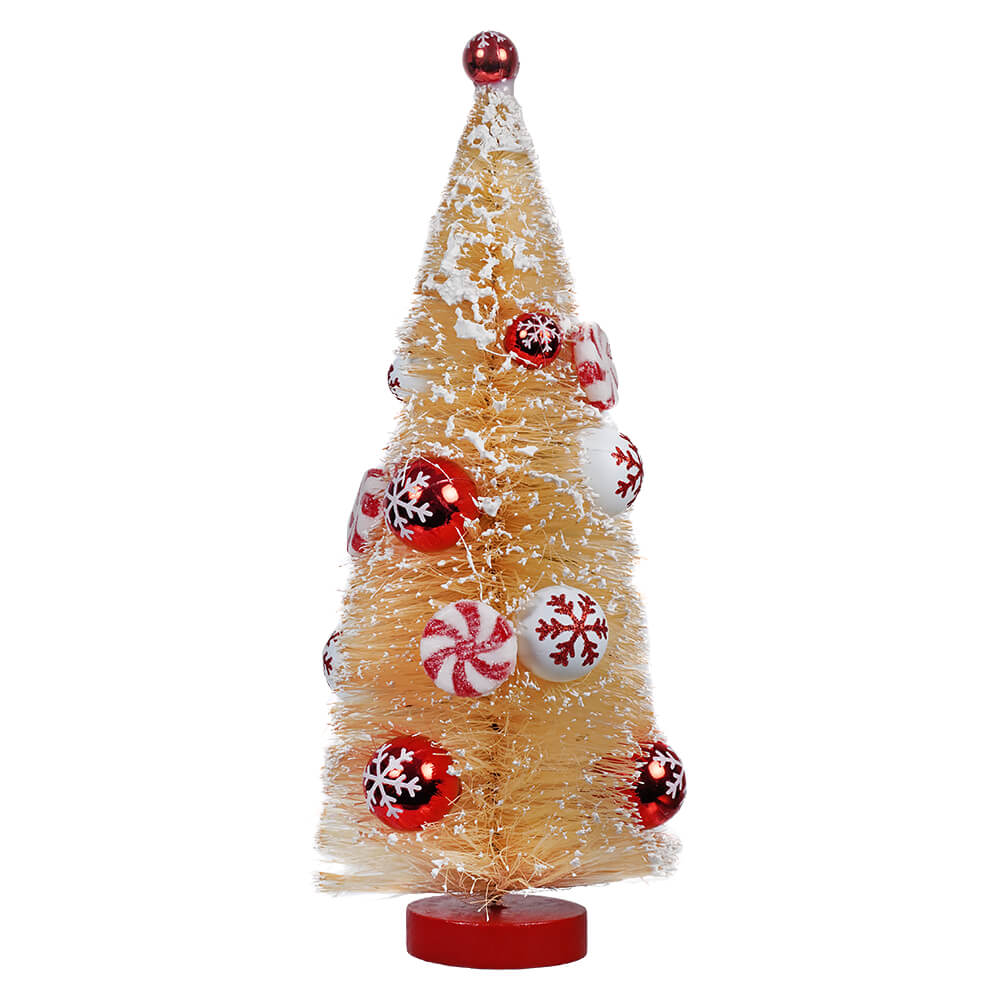Sisal Bottle Brush Christmas Tree with Red Ornaments and Peppermints