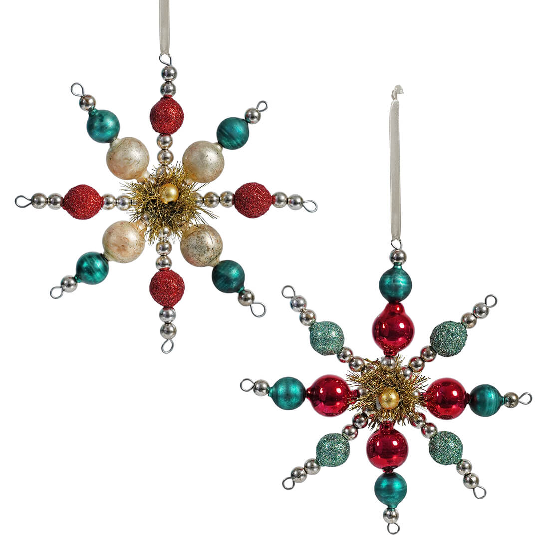 Glass Bead Snowflake Ornaments with Tinsel & Glitter Set/2